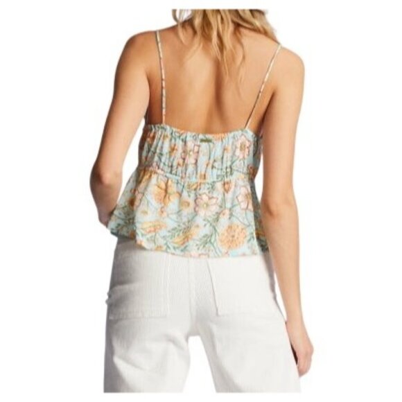 BILLABONG For You Cami Tank Top Sz L Blue Floral Crop VNeck Lace Trim Viscose - Picture 7 of 13